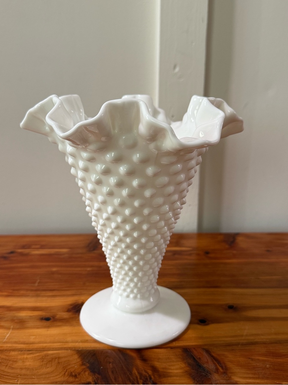Vintage Hobnail 7" Milk Glass Ruffled Edge Footed Vase